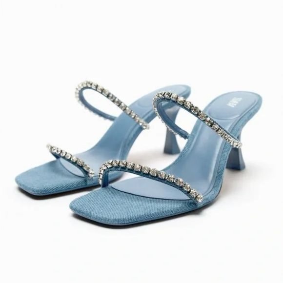 ZARA RHINESTONE HEELED DENIM SANDALS - Picture 1 of 5